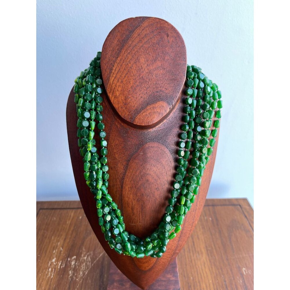 Vtg 1950's Shades Of Green Melamine Beaded 7 Strand Necklace With Gold Tone
